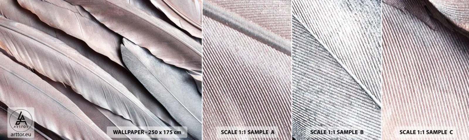 Prøve Fototapet Selvklæbende Deluxe Sticker - I lyserødt sølv - Fuglens fjer, Grafik, Boho - 100x30 cm