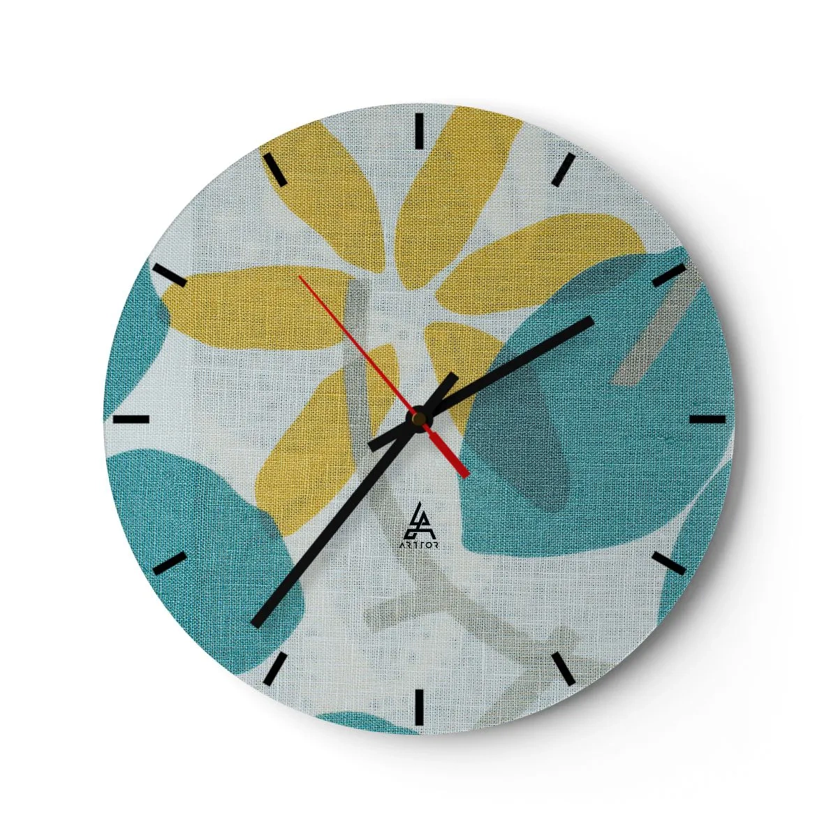 Vægur, Uret - Gule og turkise blade på en lys, linnedtekstureret baggrund - 30x30cm - Blandt azurblå blade - Moderne vægdekoration til stue, køkken og soveværelse ARTTOR