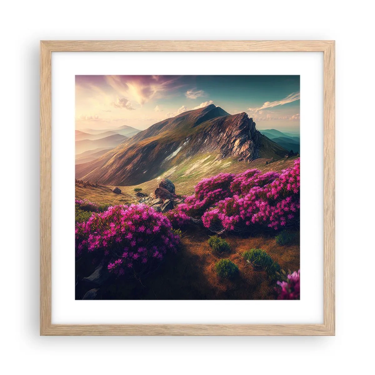 Plakat i ramme af lyst egetræ - Sommer i bjergene - 40x40 cm