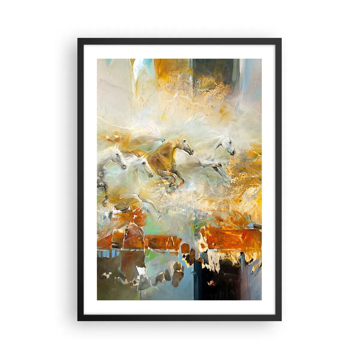 Plakat i sort ramme - Galopperende heste i en abstrakt setting - 50x70cm - Galopperer gennem lyset - Moderne vægdekoration til stue og soveværelse ARTTOR
