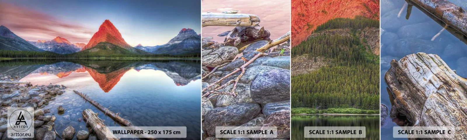 Fototapet Prøve Standard Eco - Varme og kulde - Landskab, Bjerge, Skov - 100x30 cm