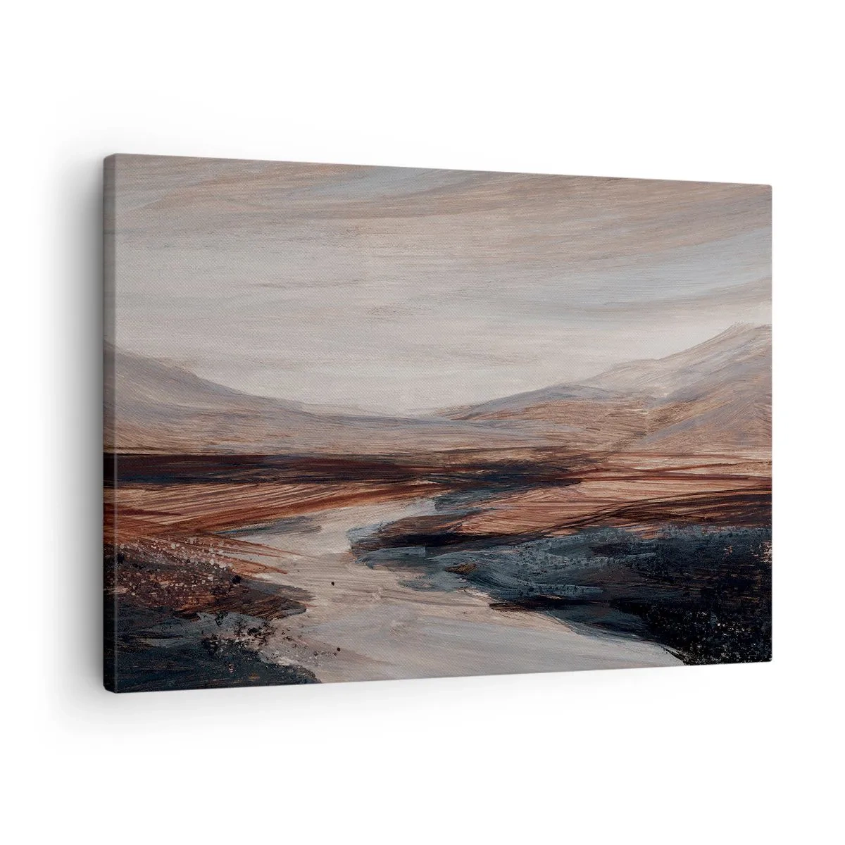 Lærredstryk - Billede på lærred - Et malerisk landskab med en flod og bjerge - 70x50cm - Fredfyldt dal - Moderne vægdekoration til stue og soveværelse ARTTOR