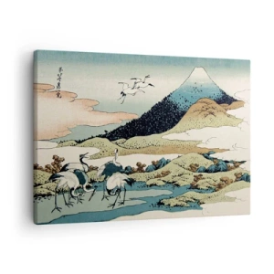 Lærredstryk - Billede på lærred - Traditionel japansk grafik med bjerge og kraner - 70x50cm - I japansk ånd - Moderne vægdekoration til stue og soveværelse ARTTOR