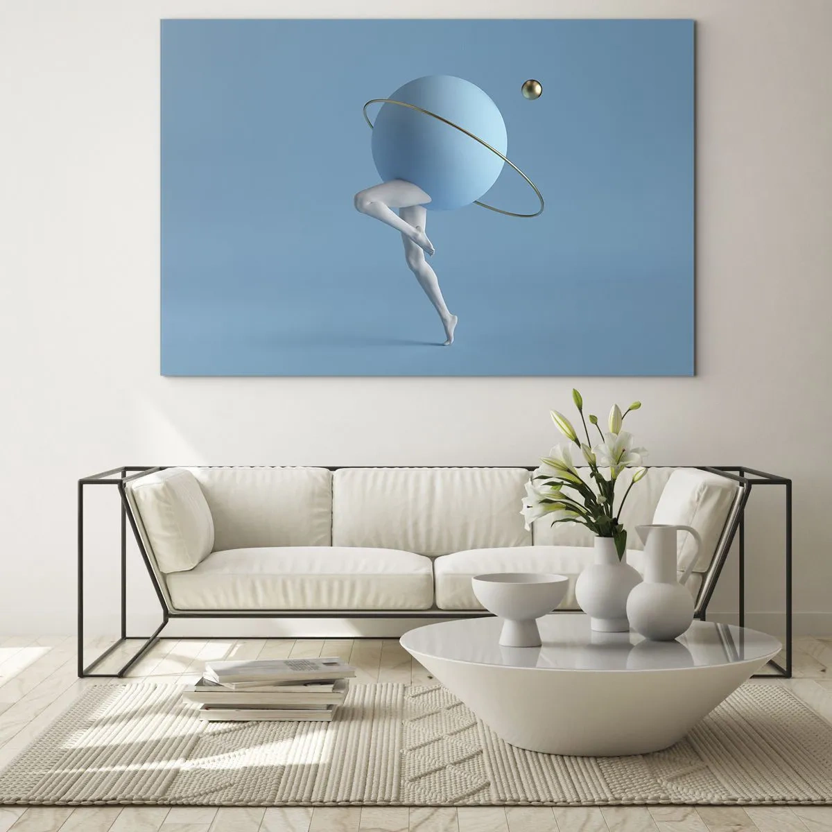Billede på glas - En minimalistisk komposition af en planet med menneskeben på blåt. - 70x50cm - Og planeterne går amok - Moderne vægdekoration til stue og soveværelse ARTTOR