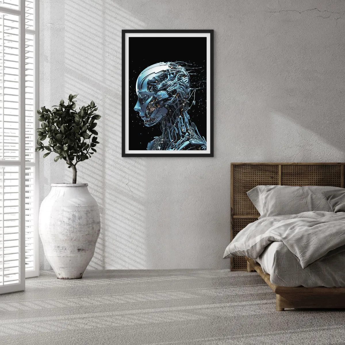 Plakat i sort ramme - Kybernetisk figur i futuristisk stil - 50x70cm - Teknologi er en kvinde - Moderne vægdekoration til stue og soveværelse ARTTOR