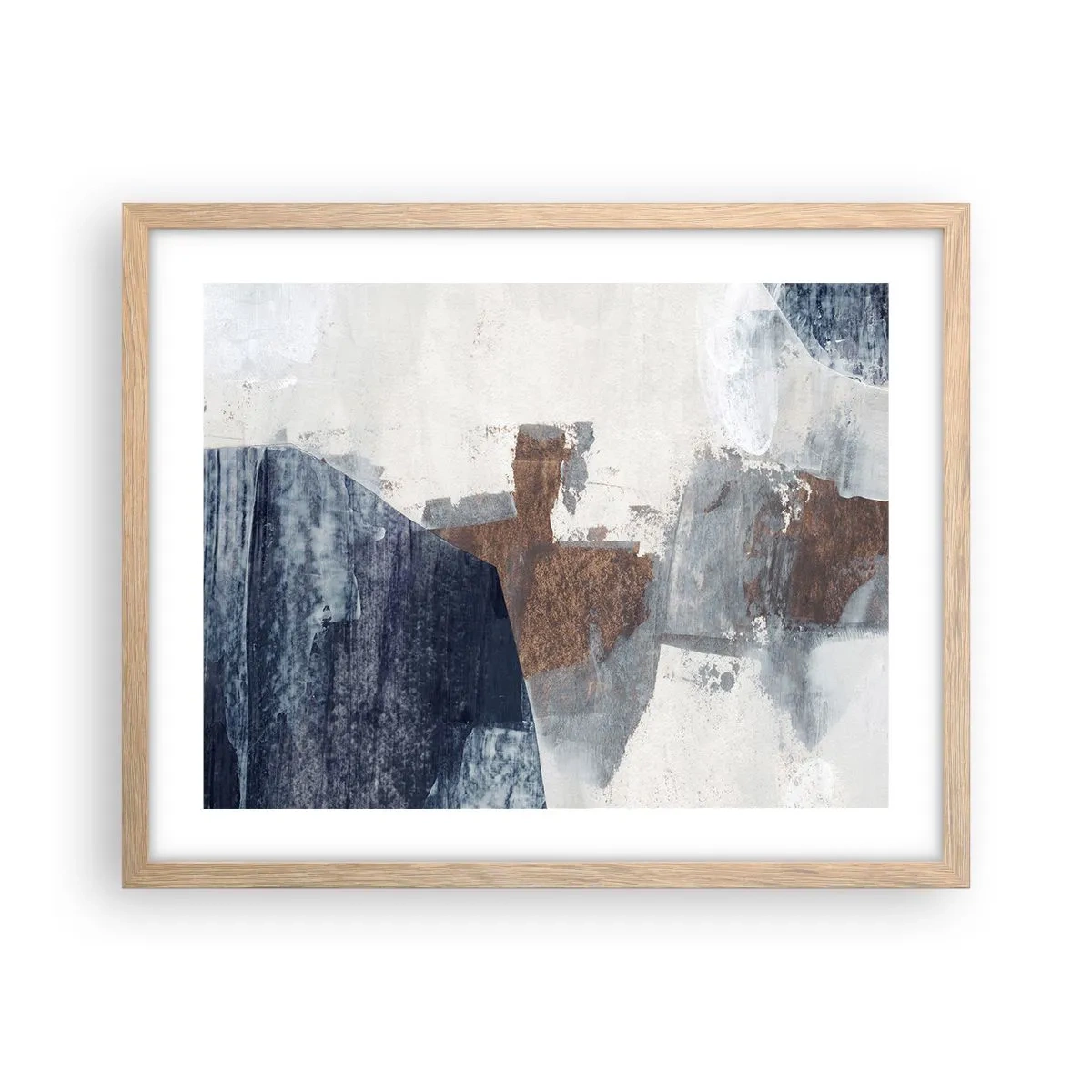 Plakat i ramme af lyst egetræ - Blåbrune former - 50x40 cm