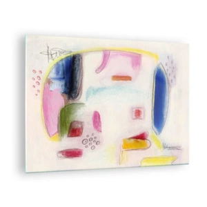 Billede på glas - Farverig abstraktion med geometriske former og pasteller - 70x50cm - Mere konveks end konkav eller flad - Moderne vægdekoration til stue og soveværelse ARTTOR