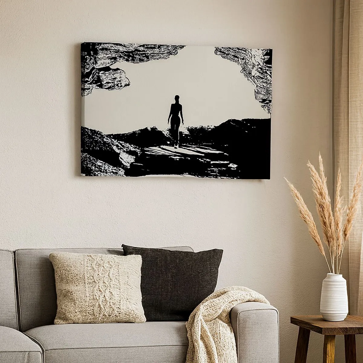 Lærredstryk - Billede på lærred - Sort og hvid silhuet af en kvinde i en hule mod himlen - 70x50cm - Et nyt udseende - Moderne vægdekoration til stue og soveværelse ARTTOR