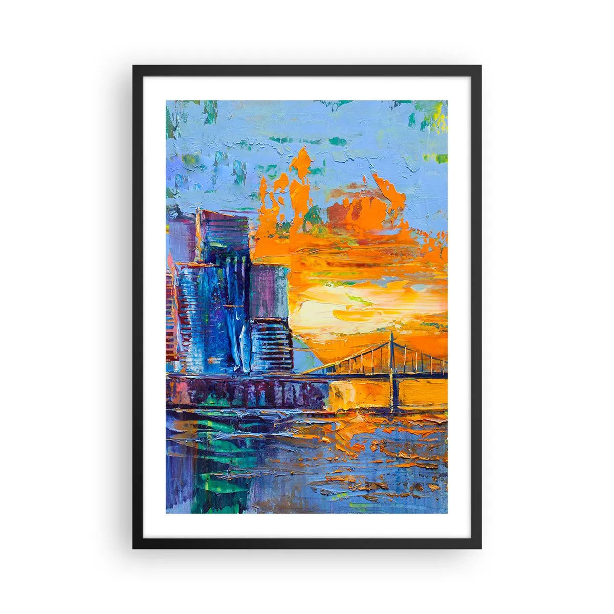 Plakat i sort ramme - En farverig bro og byen i gløden fra den nedgående sol - 50x70cm - Kultur og natur - Moderne vægdekoration til stue og soveværelse ARTTOR