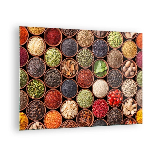 Billede på glas - En sammensætning af forskellige krydderier i træskåle - 70x50cm - Alle verdens smage - Moderne vægdekoration til stue og soveværelse ARTTOR