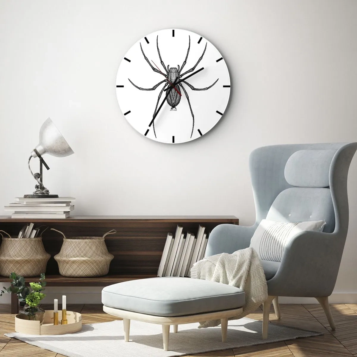 Vægur, Uret - Sort-hvid illustration af en edderkop på en hvid baggrund - 30x30cm - Foruroligende præcision - Moderne vægdekoration til stue, køkken og soveværelse ARTTOR