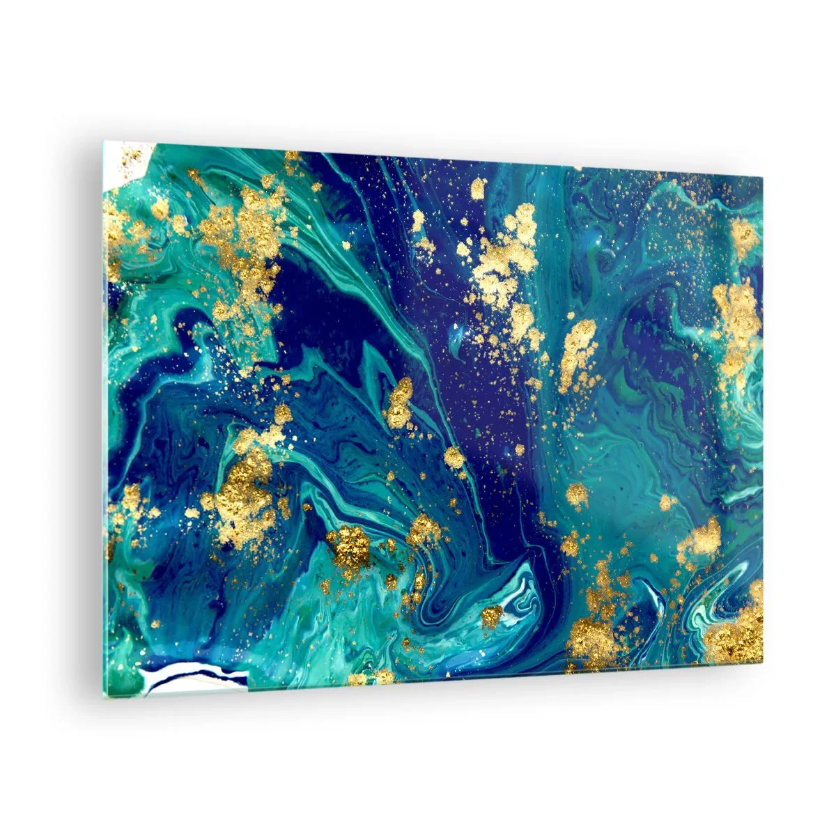 Billede på glas - Et abstrakt mønster i nuancer af turkis og marineblå med gulddetaljer - 70x50cm - Solblade - Moderne vægdekoration til stue og soveværelse ARTTOR