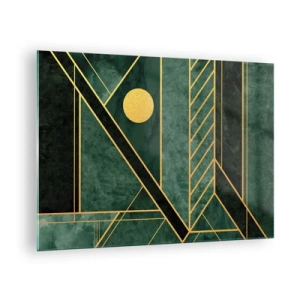 Billede på glas - Grøn og guld geometrisk abstraktion i Art Deco-stil - 70x50cm - Dynamikken i guld og azurblå - Moderne vægdekoration til stue og soveværelse ARTTOR