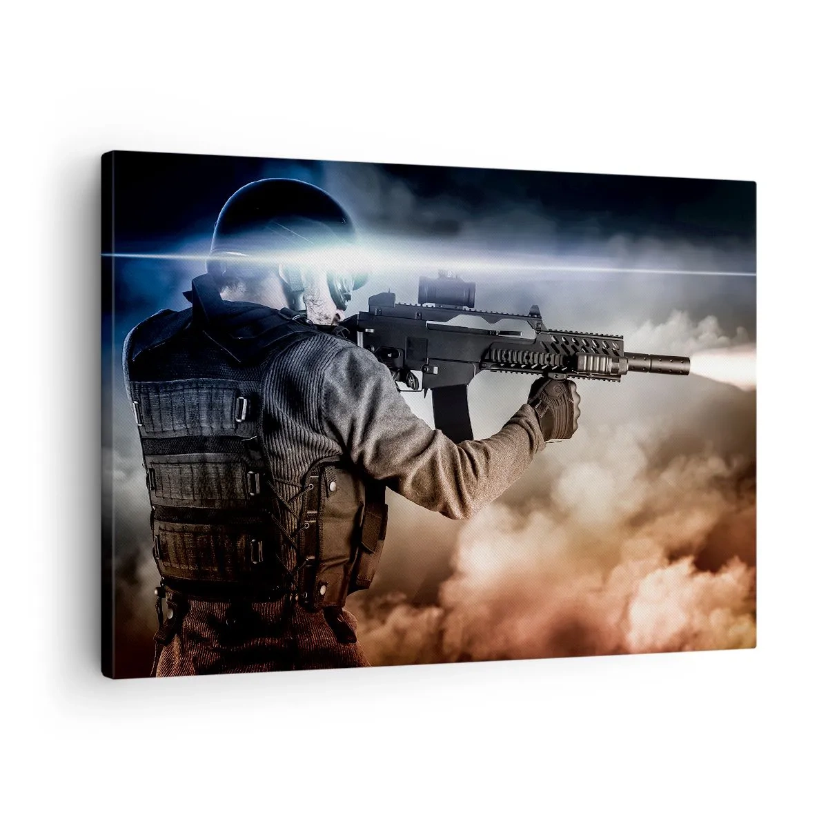 Lærredstryk - Billede på lærred - En soldat i aktion med en riffel mod en baggrund af skyer og lys. - 70x50cm - Bare en helt - Moderne vægdekoration til stue og soveværelse ARTTOR