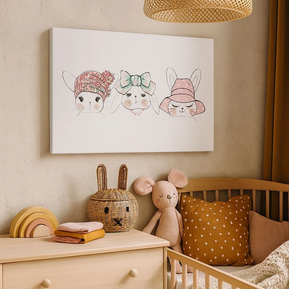 Lærredstryk - Billede på lærred - Yndige kaniner i pastelfarvet hovedbeklædning - 70x50cm - Eftertænksom, trist, glad - Moderne vægdekoration til stue og soveværelse ARTTOR