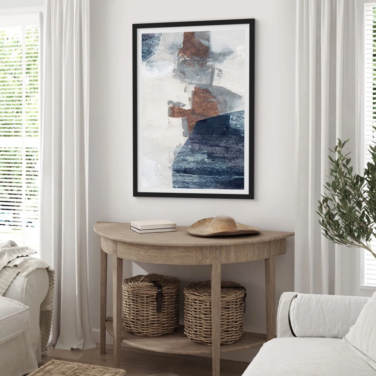 Plakat i sort ramme - Moderne abstraktion i nuancer af brun og marineblå - 50x70cm - Blåbrune former - Moderne vægdekoration til stue og soveværelse ARTTOR