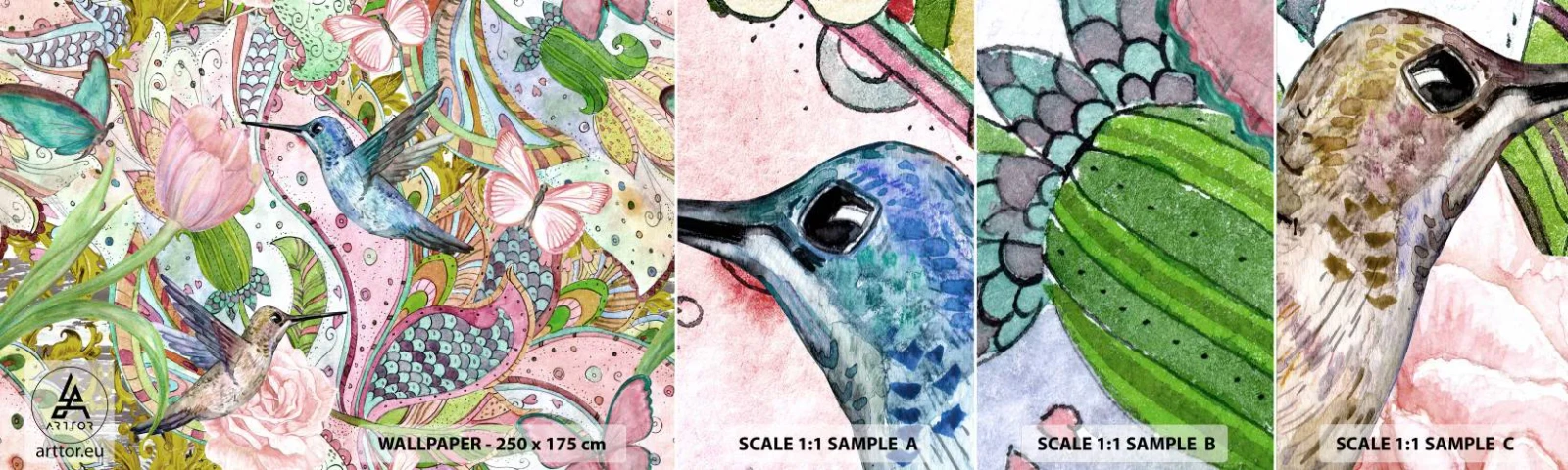 Fototapet Prøve Standard Eco - Forviklet i vinstokkene - Blomster, Fugl, Sommerfugl - 100x30 cm