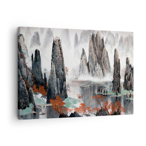 Lærredstryk - Billede på lærred - Maleriske klipper og træer i det tågede kinesiske landskab - 70x50cm - Stærke beskyttere - Moderne vægdekoration til stue og soveværelse ARTTOR