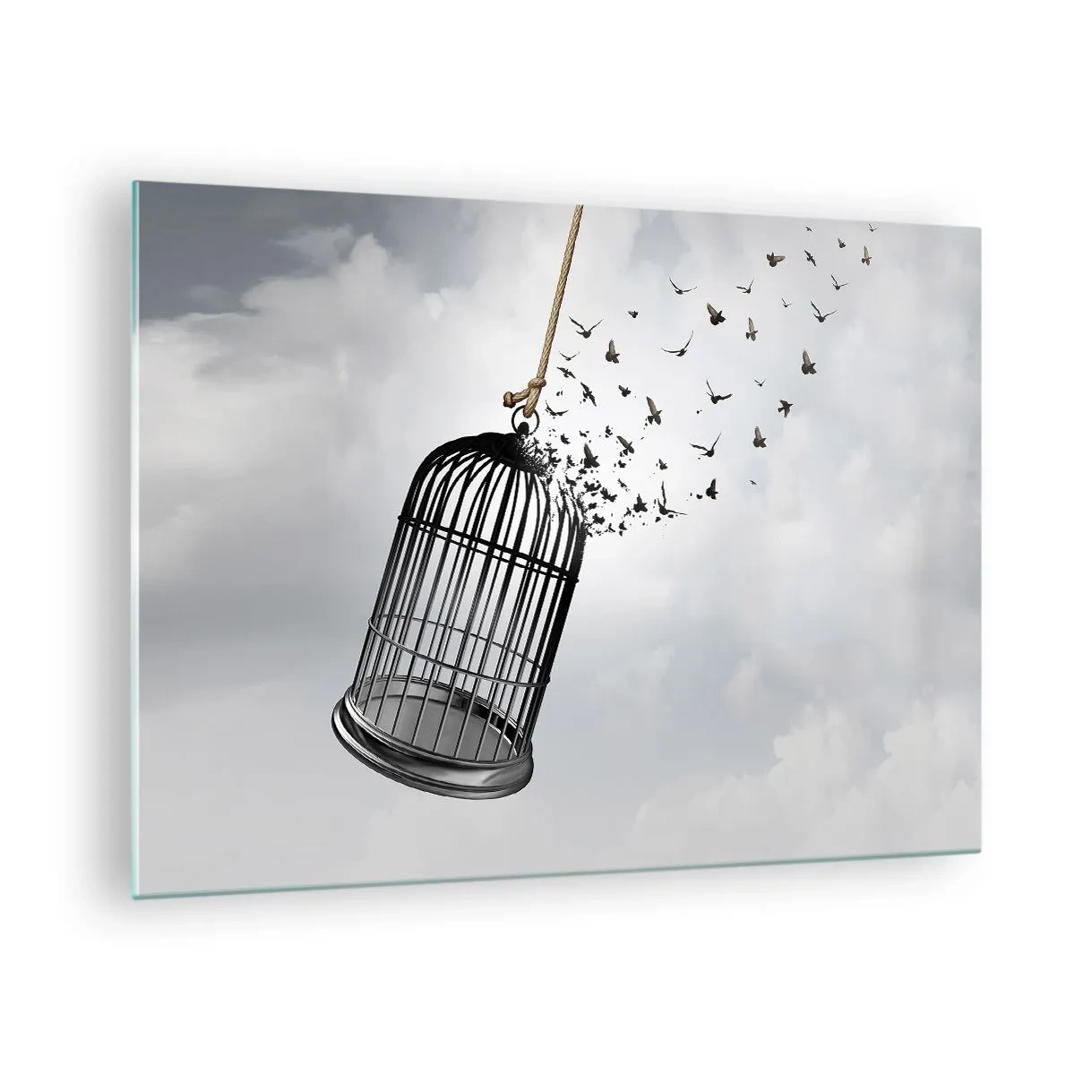 Billede på glas - Åbningen af buret og fuglene, der flyver ud af det mod himlen - 70x50cm - Tro...håb...frihed! - Moderne vægdekoration til stue og soveværelse ARTTOR