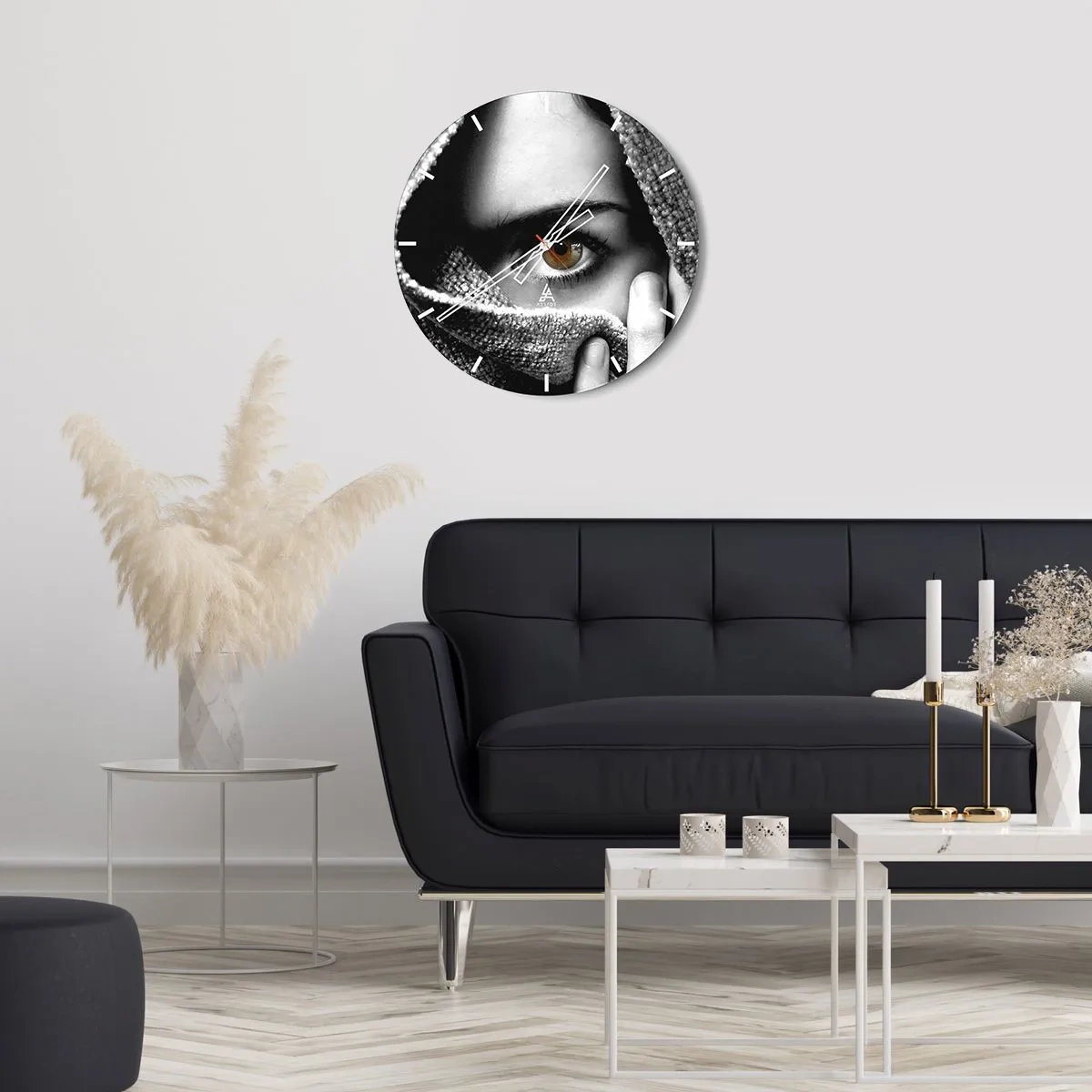 Vægur, Uret - Sort og hvidt look skjult bag stoffet - 30x30cm - Lær hemmeligheden - Moderne vægdekoration til stue, køkken og soveværelse ARTTOR