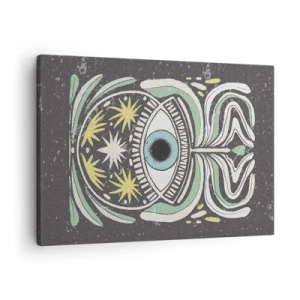 Lærredstryk - Billede på lærred - Et symbolsk øje omgivet af abstrakte mønstre - 70x50cm - Stammeritualer - Moderne vægdekoration til stue og soveværelse ARTTOR