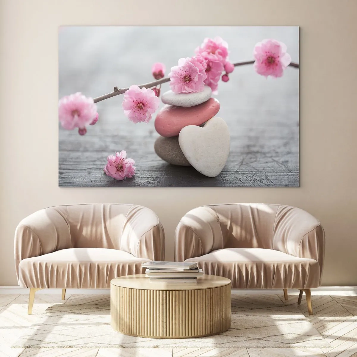 Billede på glas - Lyserøde kirsebærblomster og hjerteformede sten - 70x50cm - Kirsebærblomstens lyksalighed - Moderne vægdekoration til stue og soveværelse ARTTOR