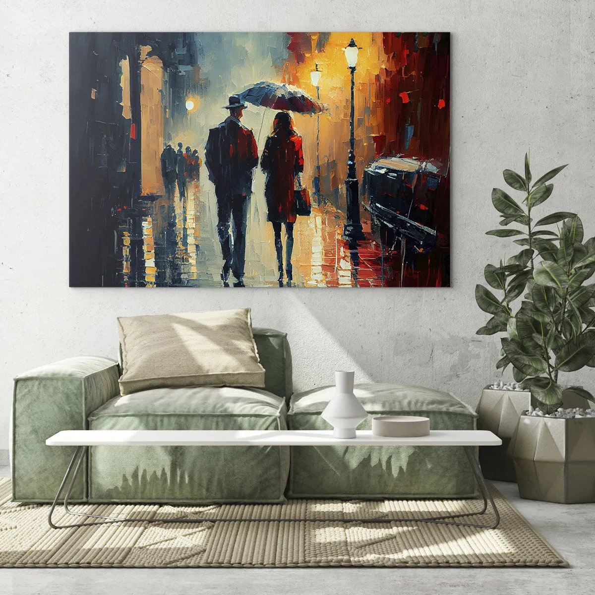Billede på glas - Et par med en paraply går ned ad en våd gade om natten. - 70x50cm - Urban kærlighedshistorie - Moderne vægdekoration til stue og soveværelse ARTTOR