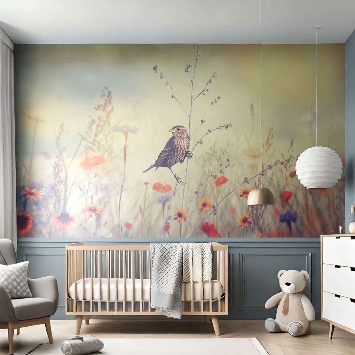 Fototapet Selvklæbende Deluxe Sticker - Fugleportræt med en eng i baggrunden - Fugl, Eng, Natur - 250x175 cm