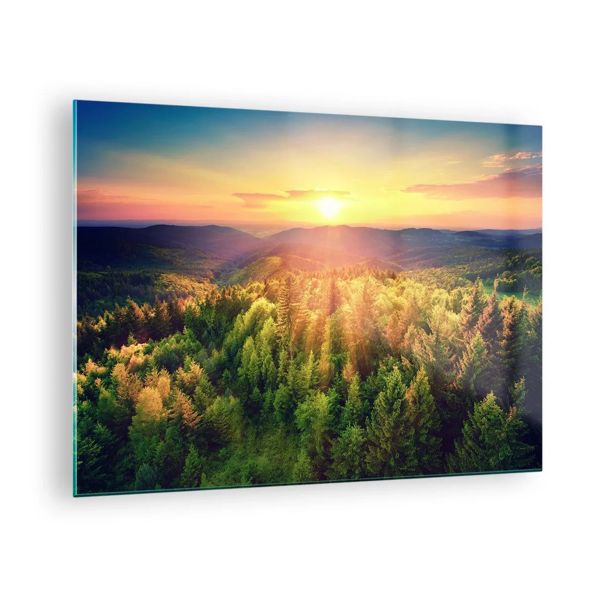 Billede på glas - Solnedgang over en bjergskov med udsigt over dalene - 70x50cm - Toppe og bjergtoppe - Moderne vægdekoration til stue og soveværelse ARTTOR