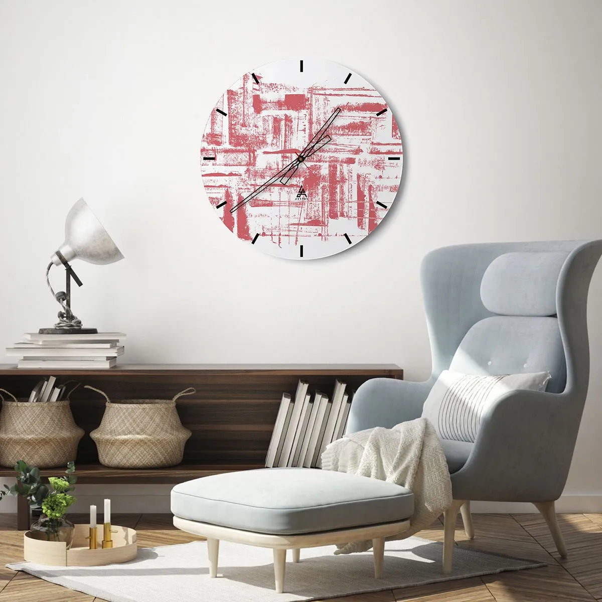 Vægur, Uret - Grafiske, abstrakte symboler og teksturer i beige og sorte nuancer - 30x30cm - Rød by - Moderne vægdekoration til stue, køkken og soveværelse ARTTOR