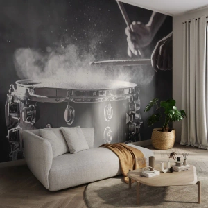Fototapet Standard Eco - Optagelse af en trommeslager, der slår på en lilletromme i en støvsky - 100x70cm - Musikkens puls - Moderne vægdekoration til stue og soveværelse ARTTOR