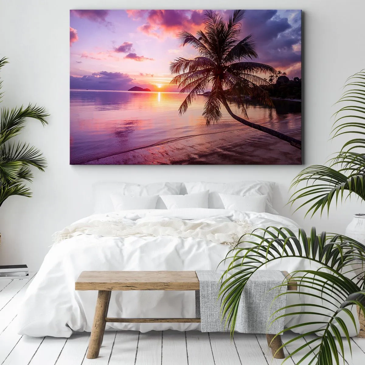 Lærredstryk - Billede på lærred - Tropisk strand med palmetræ ved solnedgang - 70x50cm - Lyksalighed hele vejen til horisonten - Moderne vægdekoration til stue og soveværelse ARTTOR