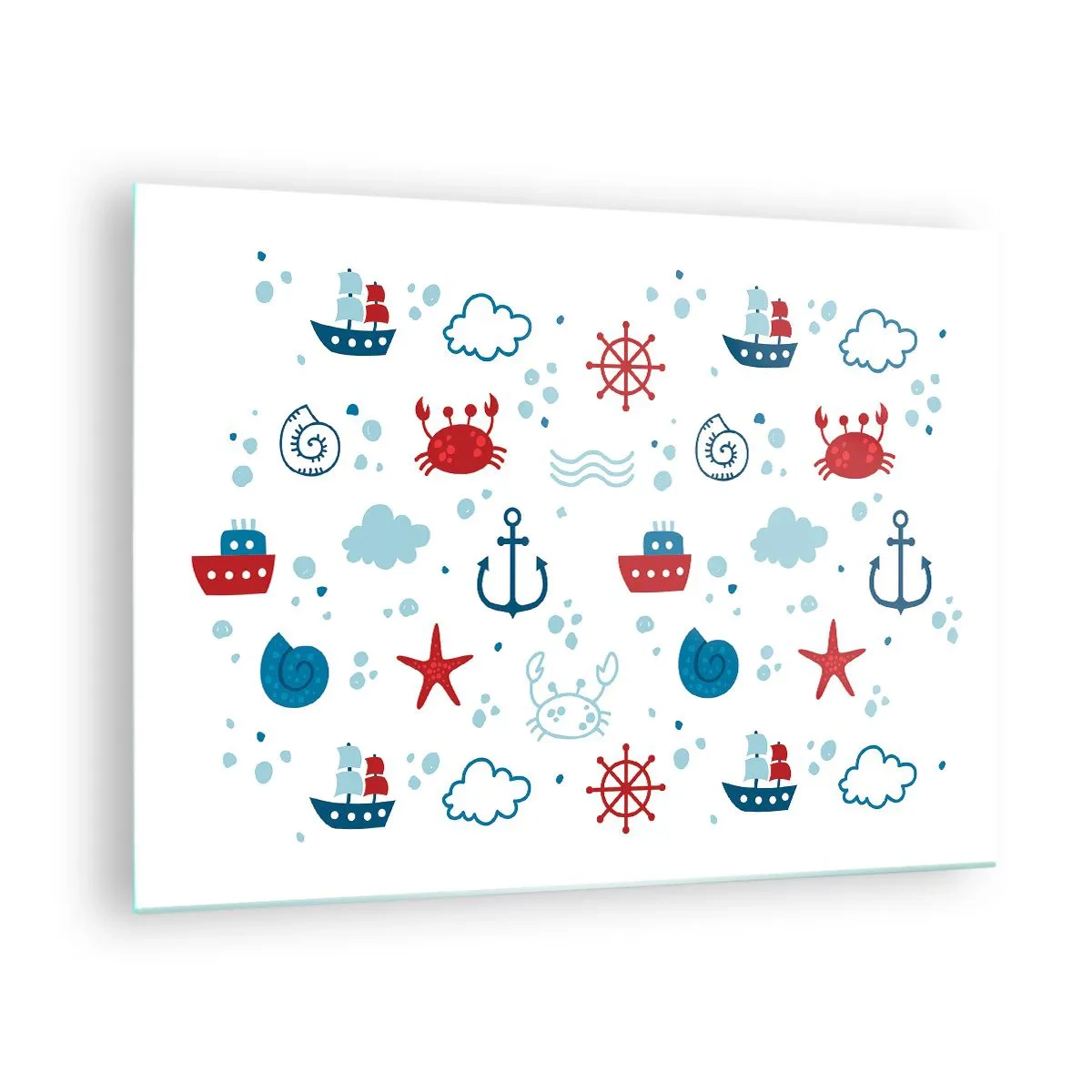 Billede på glas - Nautiske mønstre med krabber, ankre og skibe - 70x50cm - En fortælling om havet - Moderne vægdekoration til stue og soveværelse ARTTOR