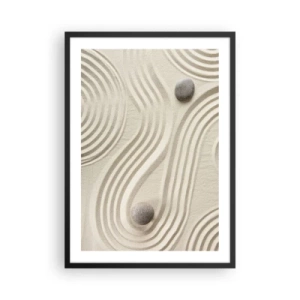 Plakat i sort ramme - En minimalistisk komposition af en japansk zenhave med sten - 50x70cm - Et strejf af varme - Moderne vægdekoration til stue og soveværelse ARTTOR