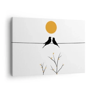 Lærredstryk - Billede på lærred - Fugle på en linje med en gul sol - 70x50cm - Nattergal - Moderne vægdekoration til stue og soveværelse ARTTOR