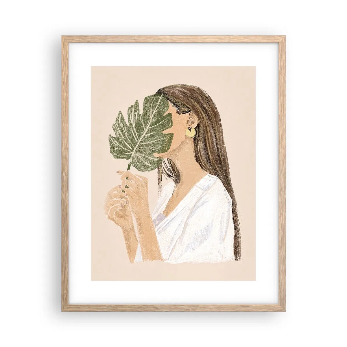 Plakat i ramme af lyst egetræ - Mystisk portræt med en vifte - 40x50 cm
