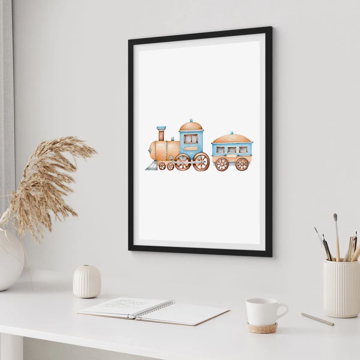 Plakat i sort ramme - Akvareltog i blå og beige nuancer - 50x70cm - Stående på stationen... - Moderne vægdekoration til stue og soveværelse ARTTOR