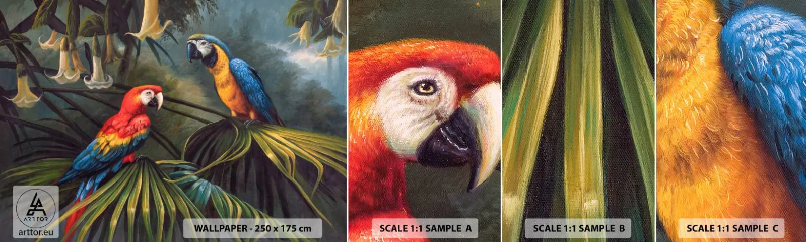Fototapet Prøve Standard Eco - Romantik i troperne - Ara papegøje, Dyr, Tropisk skov - 100x30 cm