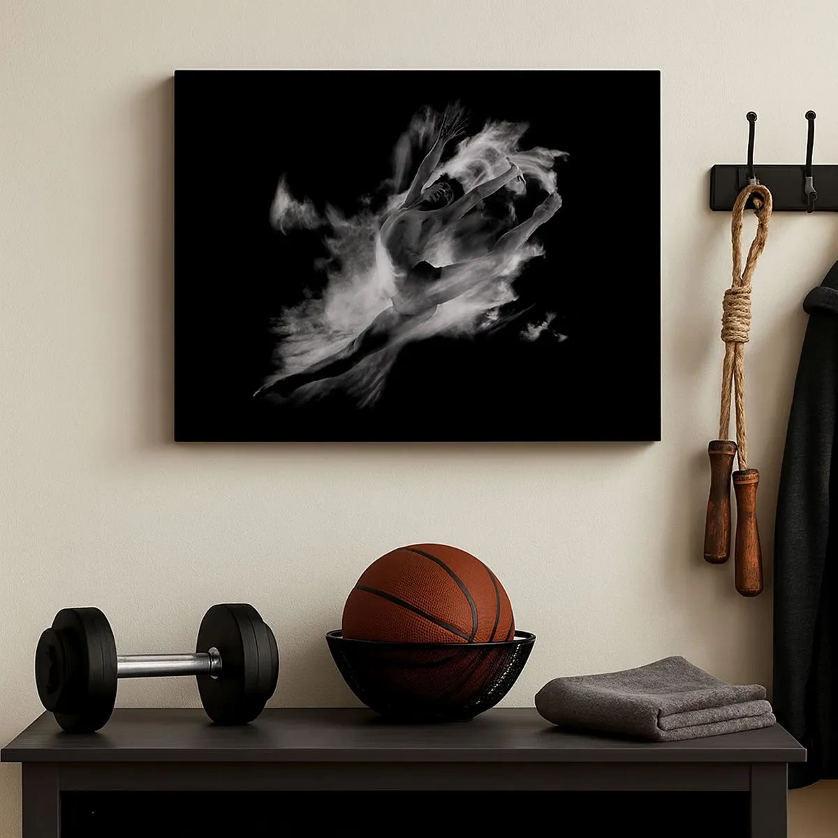 Lærredstryk - Billede på lærred - En danser i en dynamisk positur mod en sort baggrund - 70x50cm - Stoppet under flyvning - Moderne vægdekoration til stue og soveværelse ARTTOR