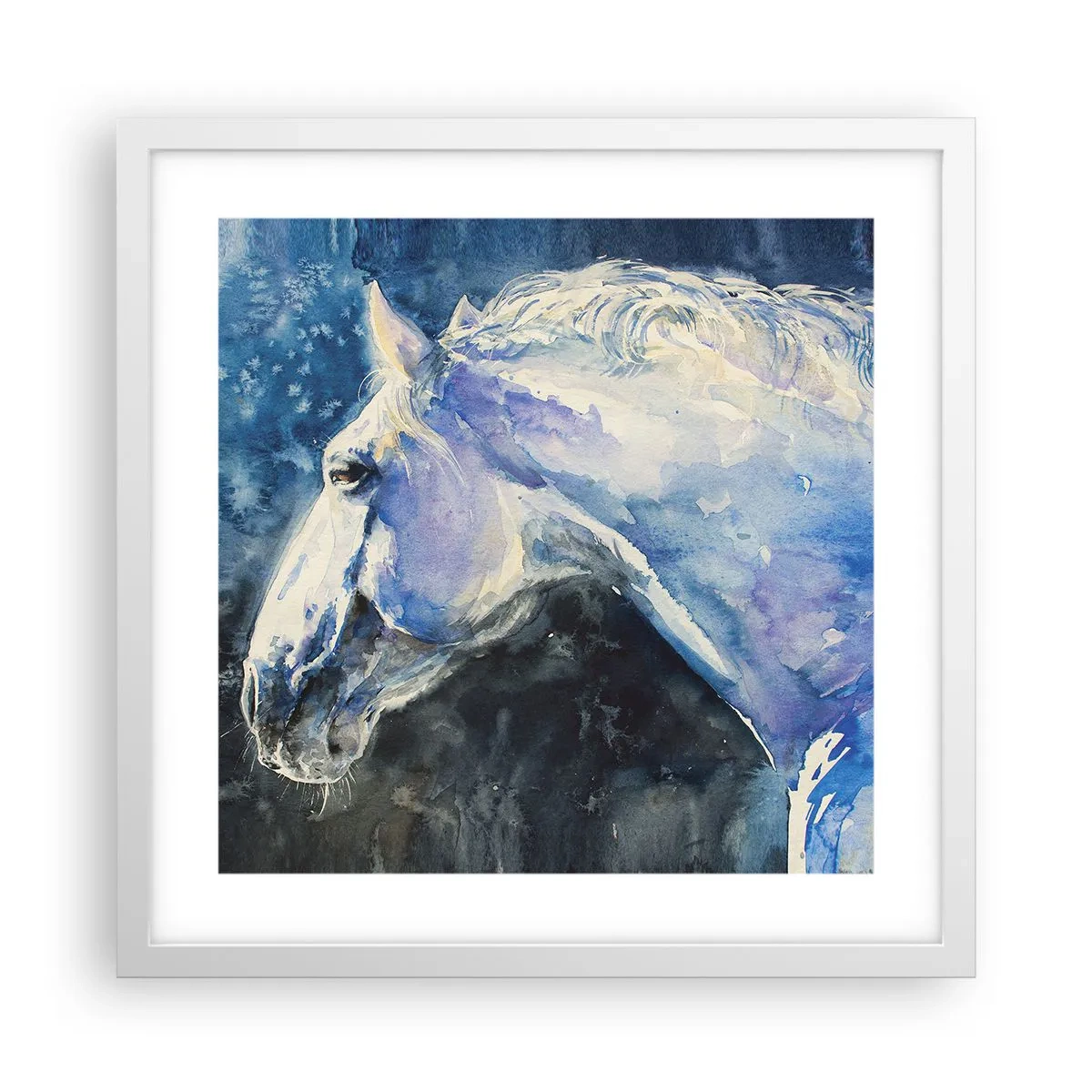 Plakat i hvid ramme - Portræt i et blåt skær - 40x40 cm