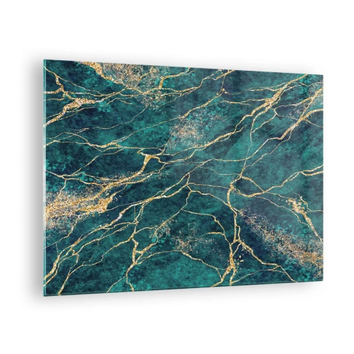 Billede på glas - Marmoreret sten med gyldne årer, blågrøn og grønne nuancer - 70x50cm - Guldåre - Moderne vægdekoration til stue og soveværelse ARTTOR