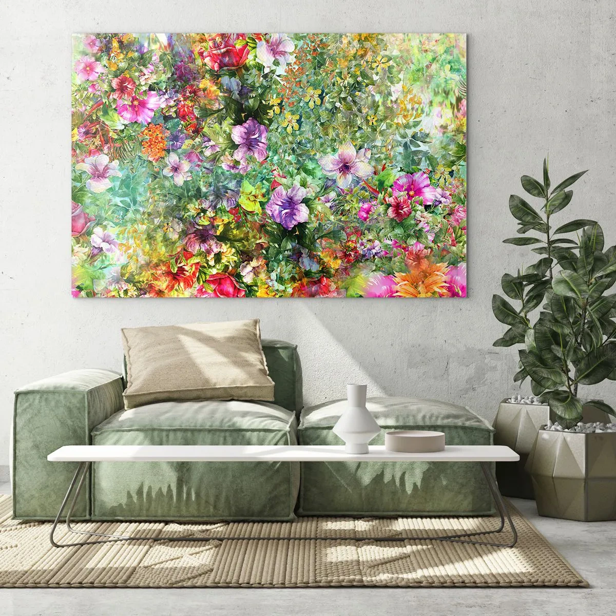 Billede på glas - Farverige blomster i en kunstnerisk komposition - 70x50cm - Ind i blomsterne ved fortabelse - Moderne vægdekoration til stue og soveværelse ARTTOR