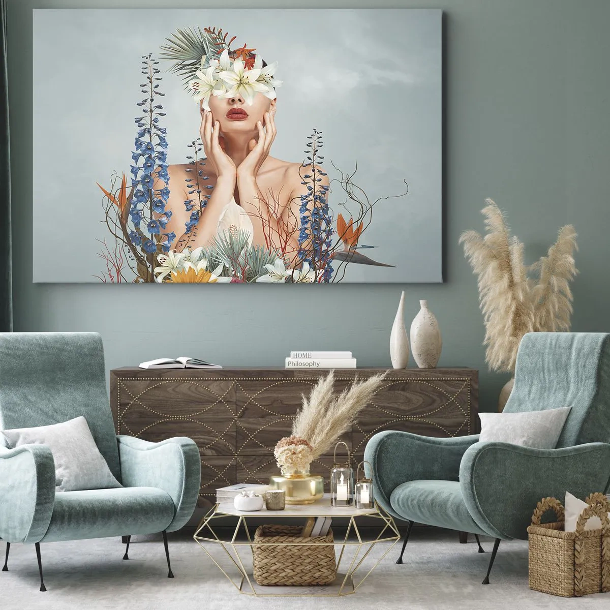 Lærredstryk - Billede på lærred - Portræt af en kvinde med blomstermotiv mod en blå baggrund - 70x50cm - Kvinde blomst - Moderne vægdekoration til stue og soveværelse ARTTOR