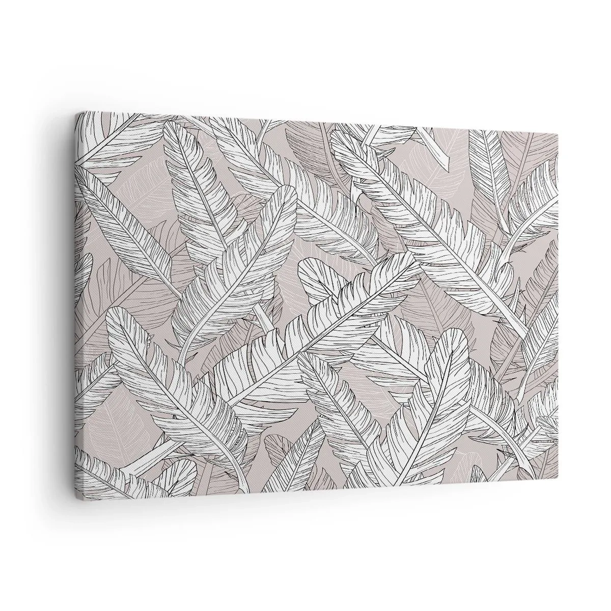 Lærredstryk - Billede på lærred - Sort og hvidt mønster med bananblade på en lys baggrund - 70x50cm - Fjerlig uro - Moderne vægdekoration til stue og soveværelse ARTTOR