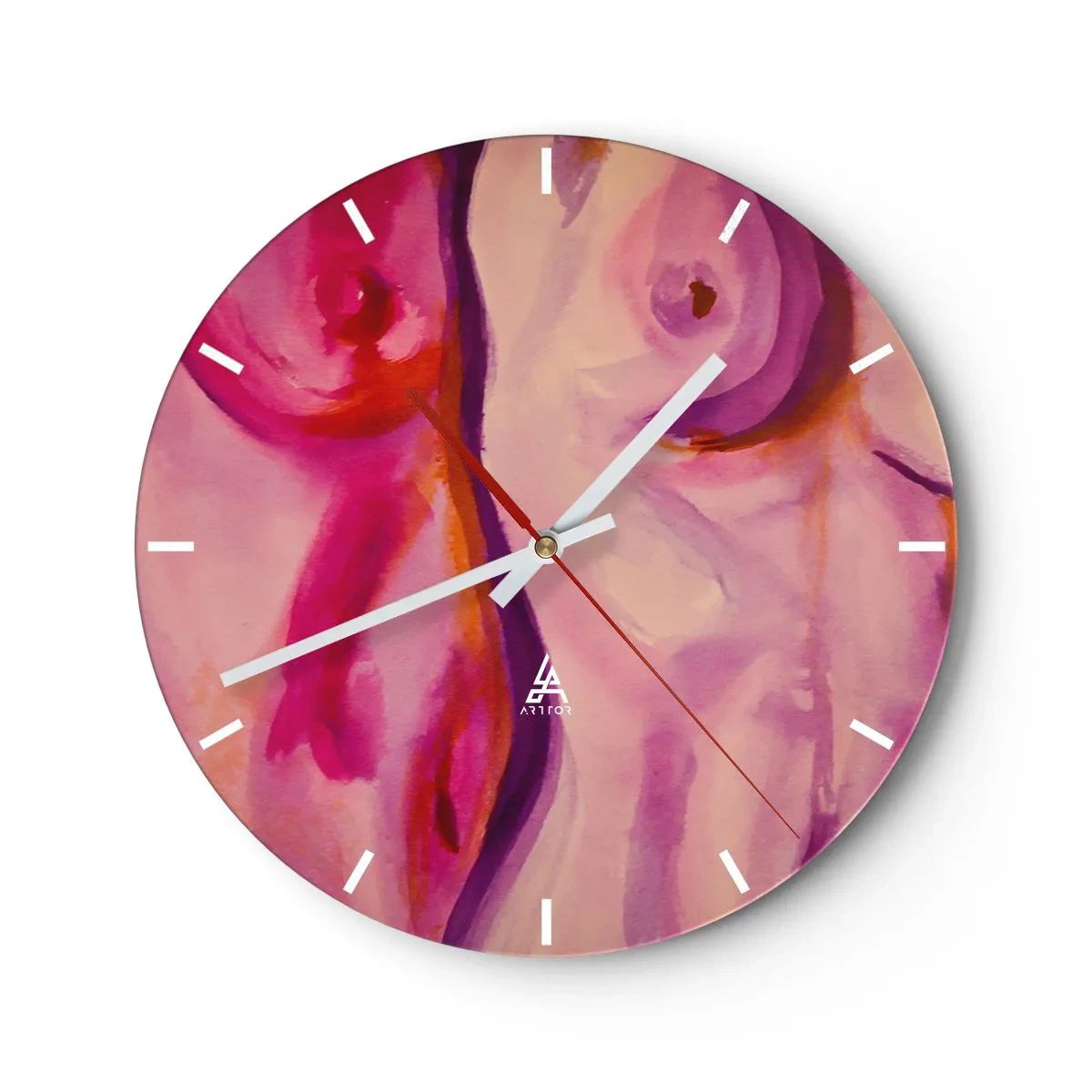 Vægur, Uret - Kunstneriske abstrakte former i nuancer af lyserød og rød - 30x30cm - En ode til kvindelighed - Moderne vægdekoration til stue, køkken og soveværelse ARTTOR
