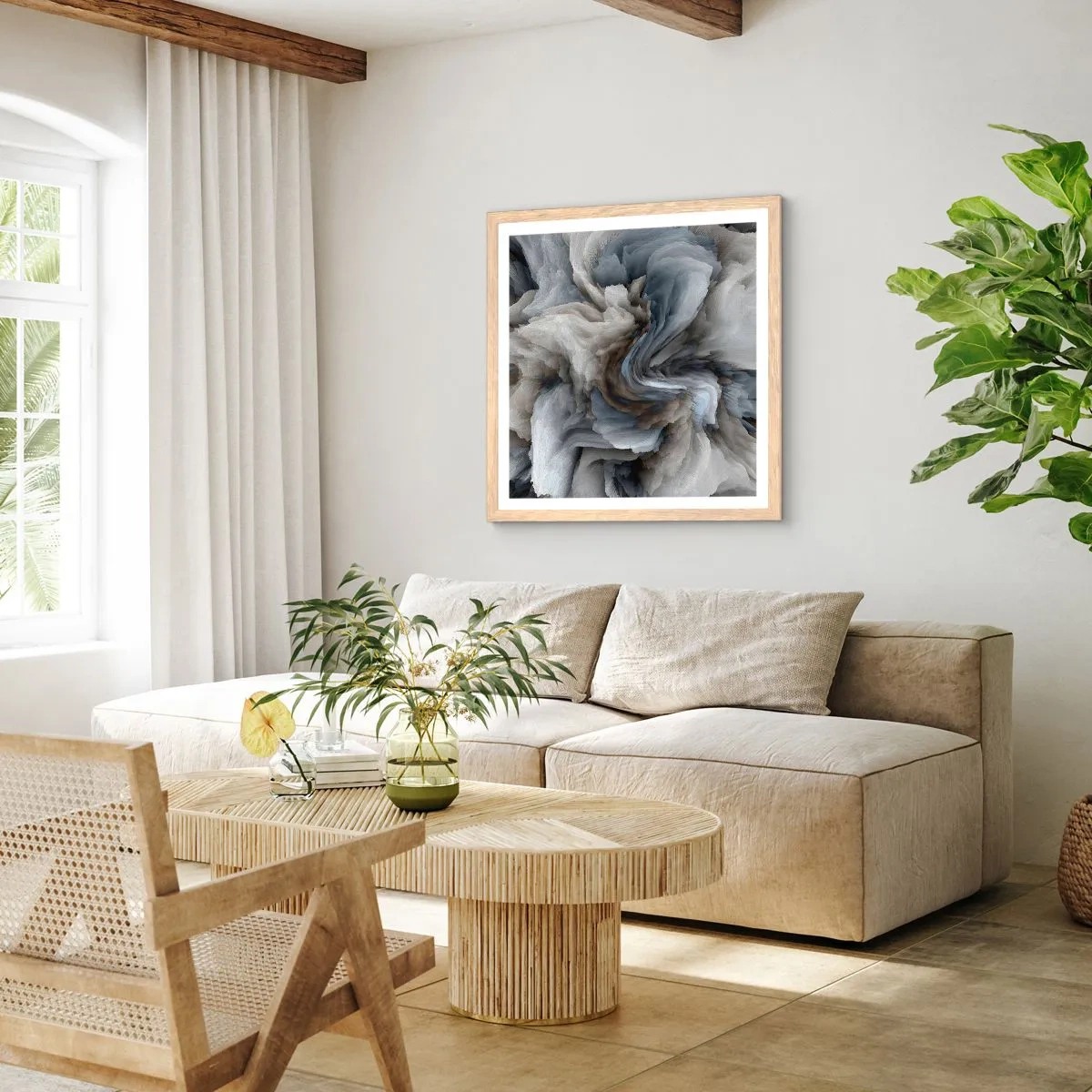 Plakat i ramme af lyst egetræ - Sten og blomst - 40x40 cm