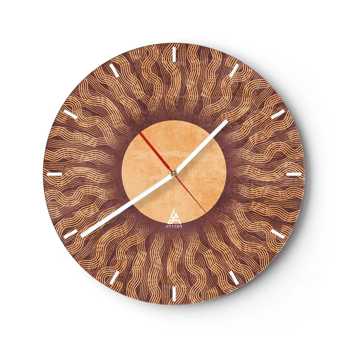Vægur, Uret - Solurskive med strålende mønster i varme farver - 30x30cm - Ikon for solen - Moderne vægdekoration til stue, køkken og soveværelse ARTTOR