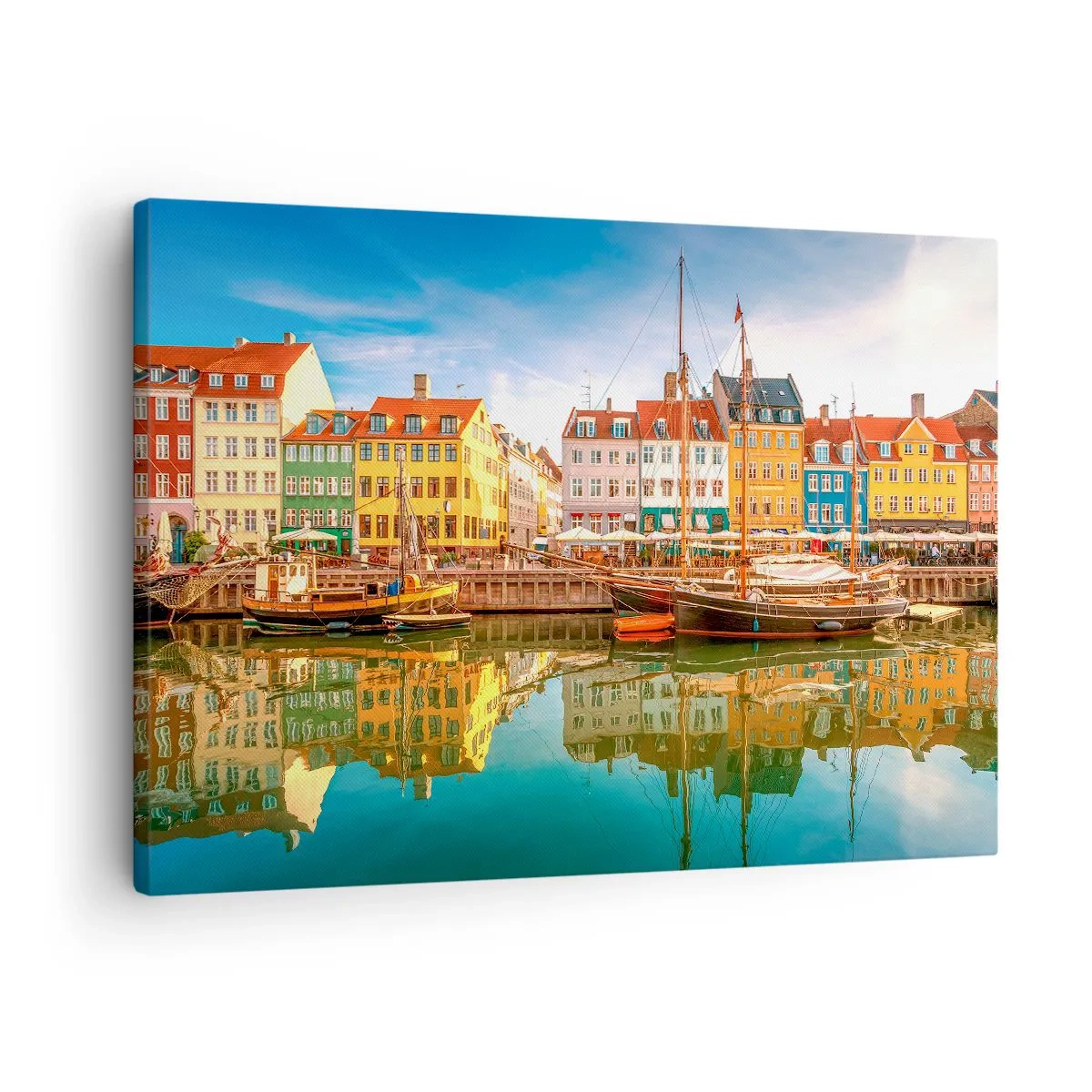 Lærredstryk - Billede på lærred - Farverige kanalhuse i København - 70x50cm - Over vand så glat som et spejl - Moderne vægdekoration til stue og soveværelse ARTTOR