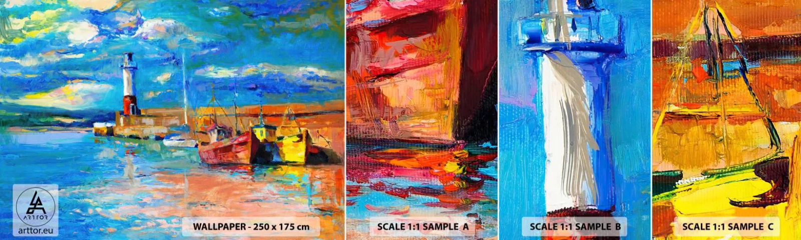 Prøve Fototapet Selvklæbende Deluxe Sticker - Eftermiddag i regnbuebugten - Fiskerhavn, Fiskebåd, Fyrtårn - 100x30 cm