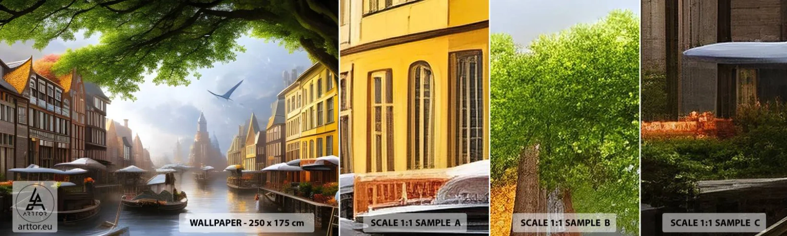 Fototapet Prøve Standard Eco - Hollandsk bybillede - Gammel by, Både, Kanal - 100x30 cm